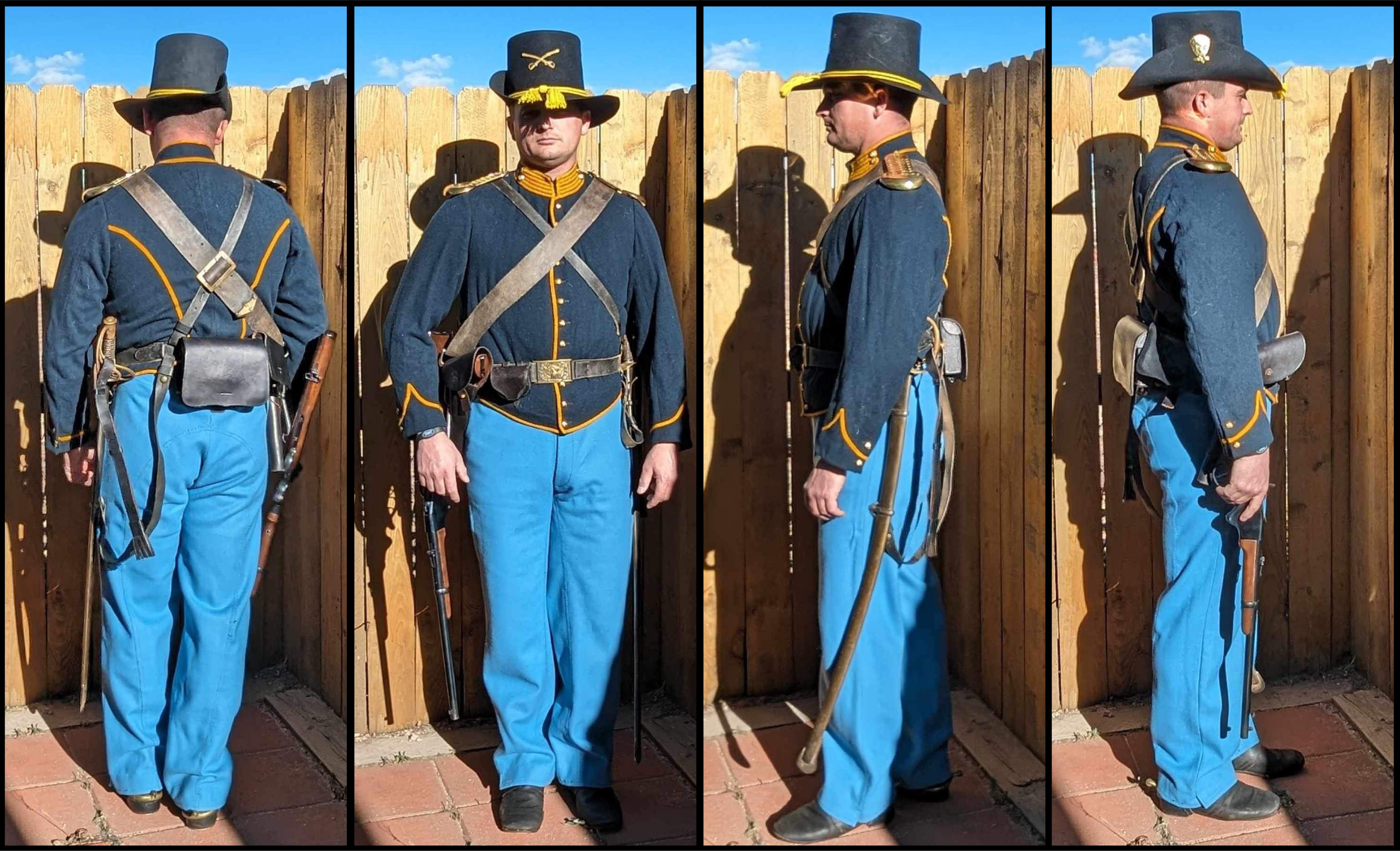 A color collage of a man dressed as an 1860s US Cavalry soldier in full dress, showing the front, back, and sides