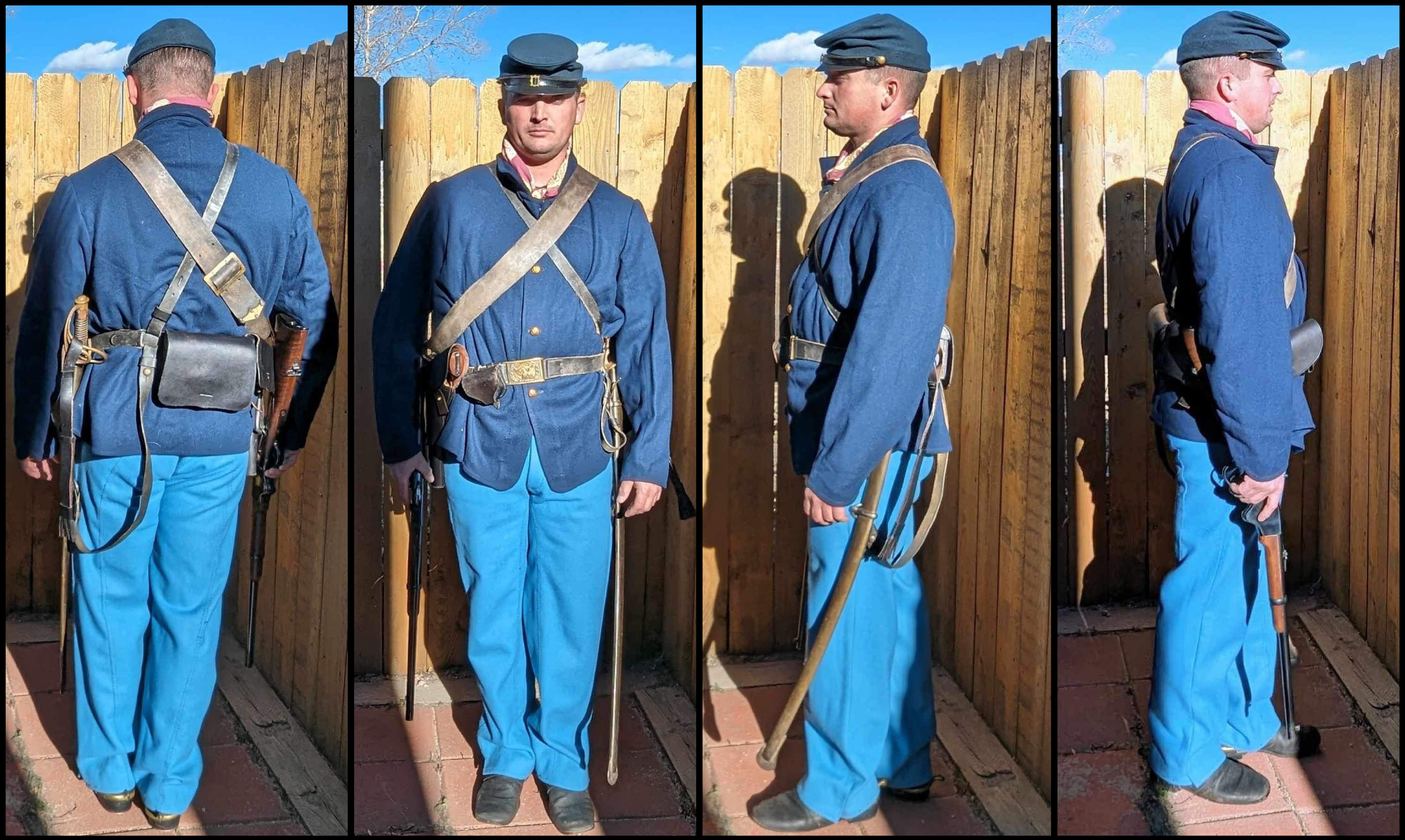 A color collage of a man dressed as an 1860s US Cavalry soldier in fatigue dress, showing the front, back, and sides