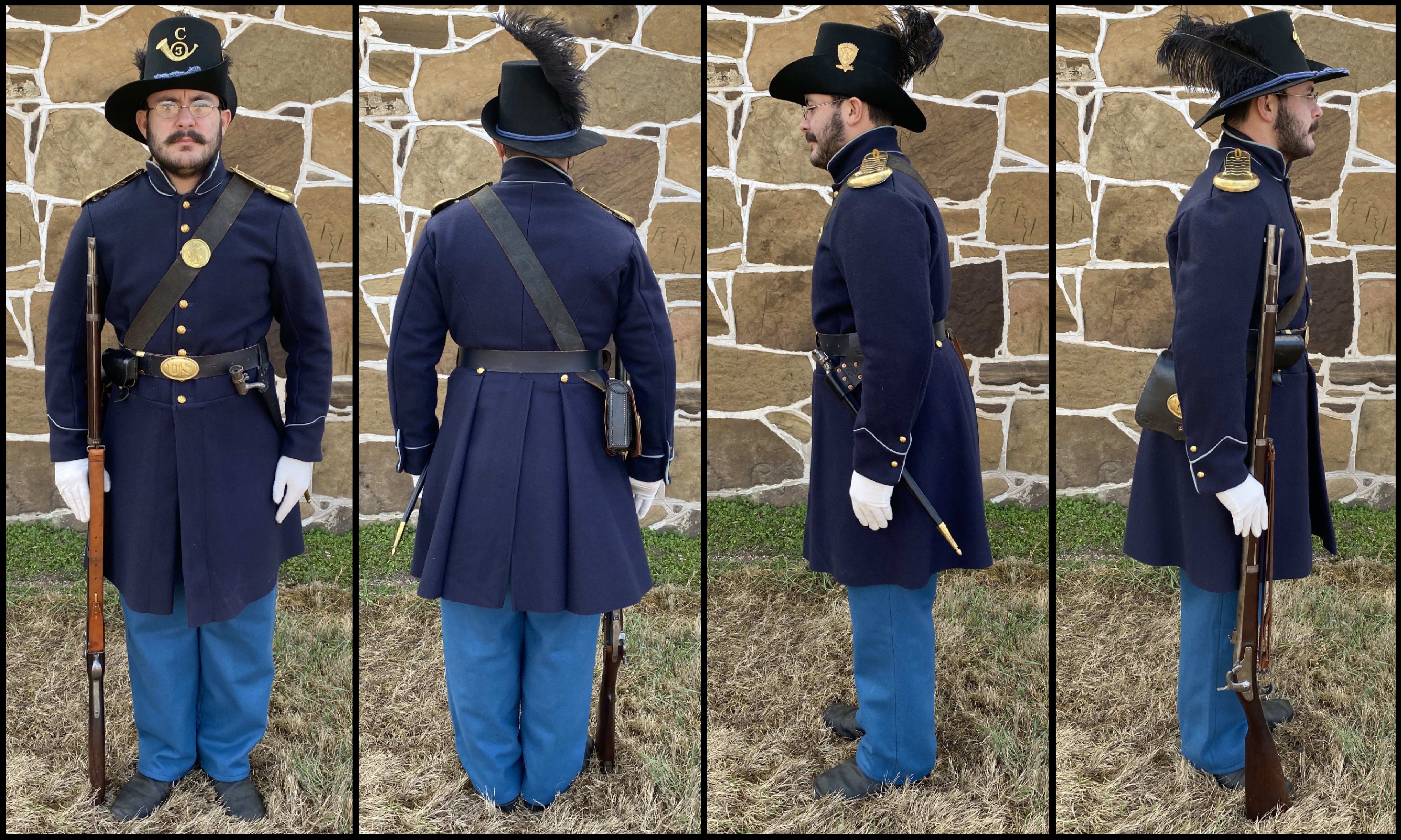 A collage of photographs of a man dressed in an 1860s US Infantry full dress uniform, showing the front, back, and sides.