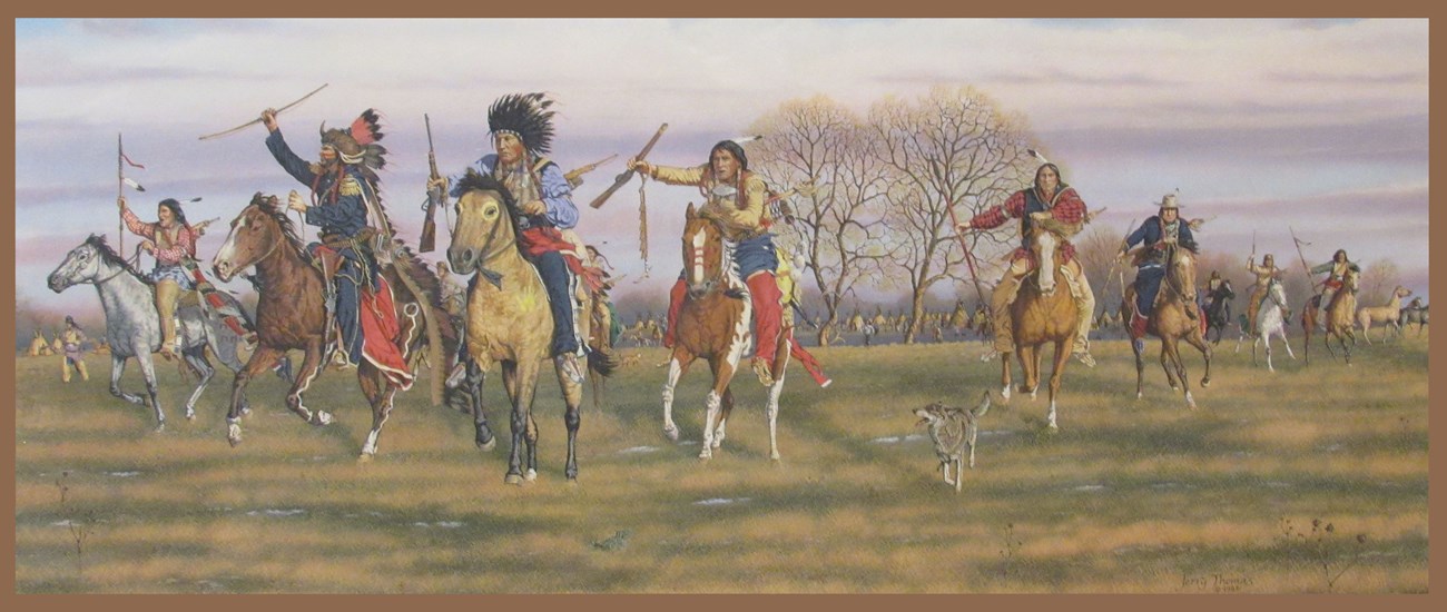Painting of Indian warriors riding into battle.