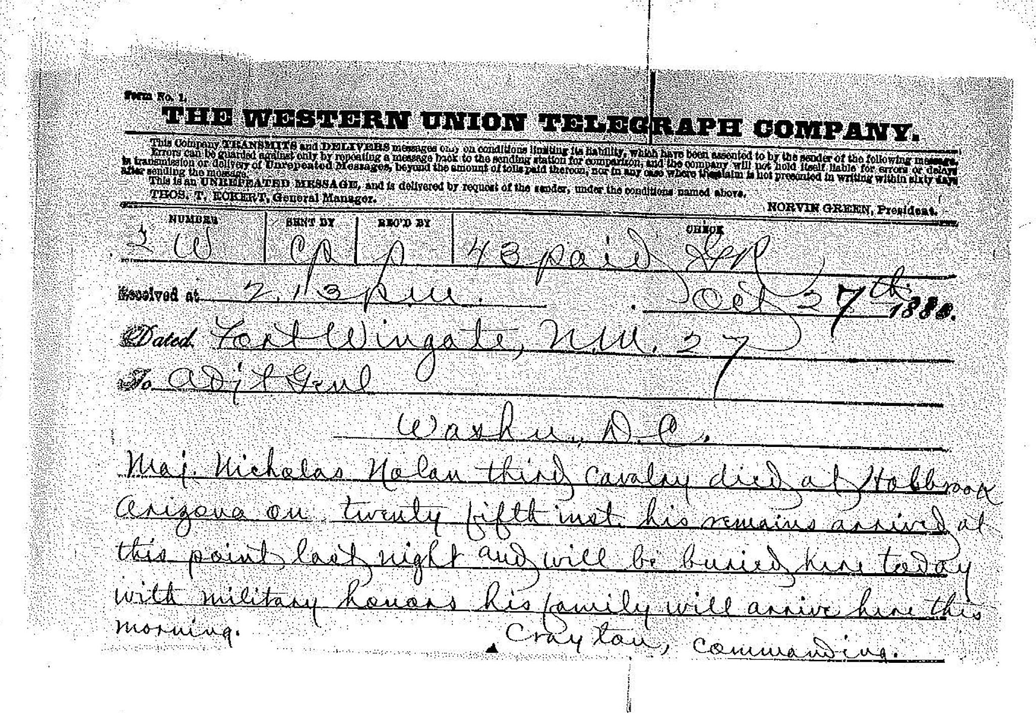 Telegram Reporting Nolan Death Fort Larned National Historic Site (U