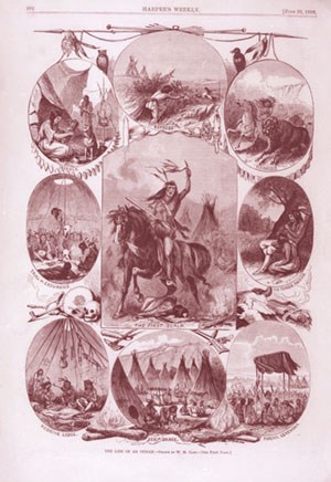 Drawing of scene of different activities for Plains Indians.