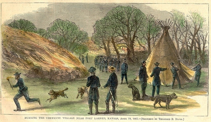 Photo of original drawing in Harper's Weekly depicting the burning of the Indian Village.