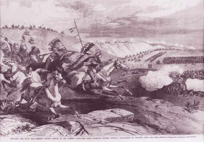 Woodcut image of Lakota Indians engaged with U.S. troops.