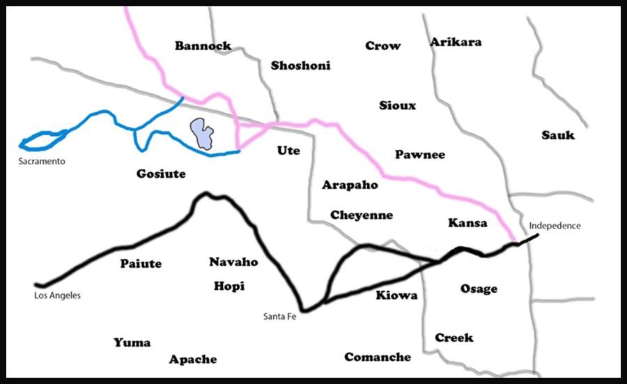 Plains Indians Territories Map of Santa Fe Trail and territories of Plains Indians Tribes.