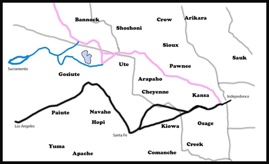 Map of Santa Fe Trail and territories of Plains Indians Tribes.