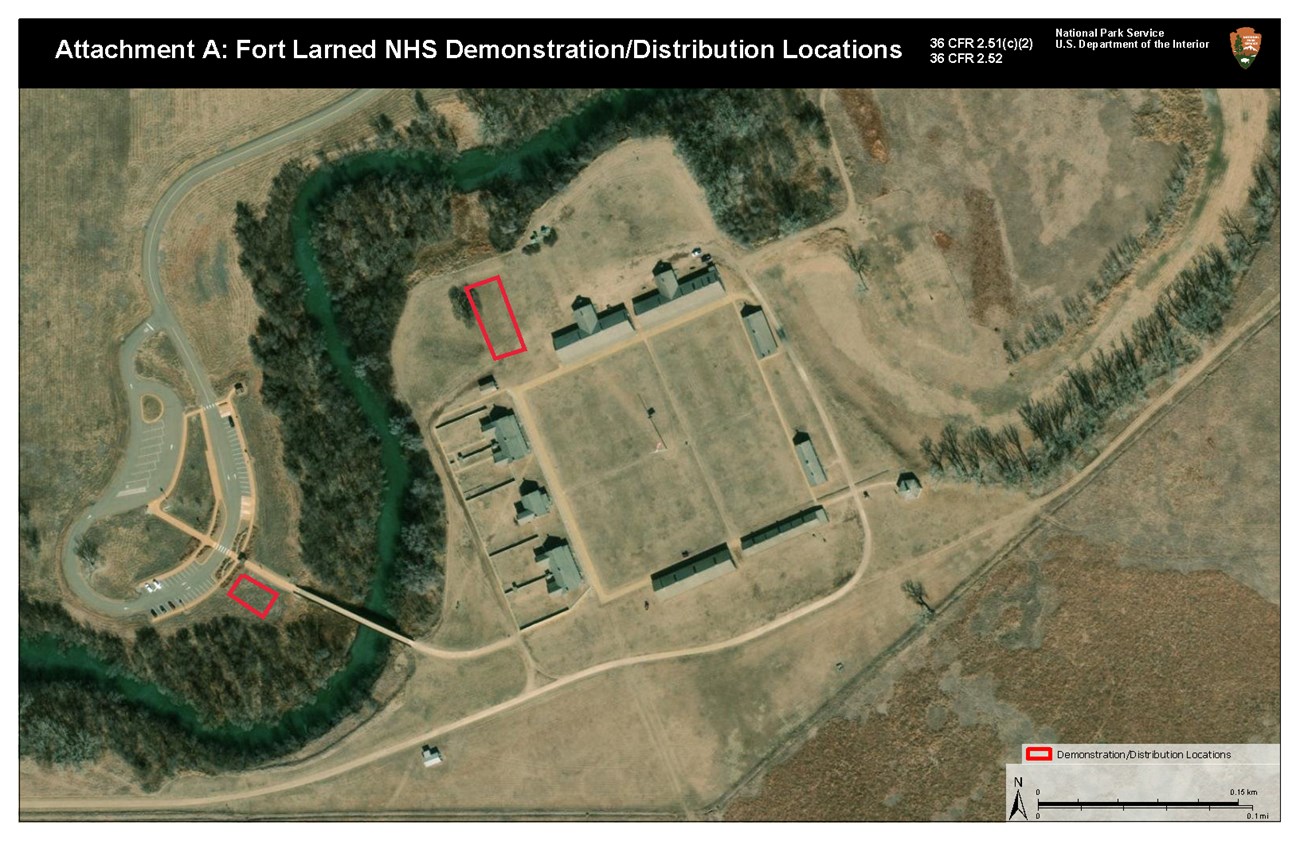 Aerial view of Fort Larned with demonstration areas outlined in red.