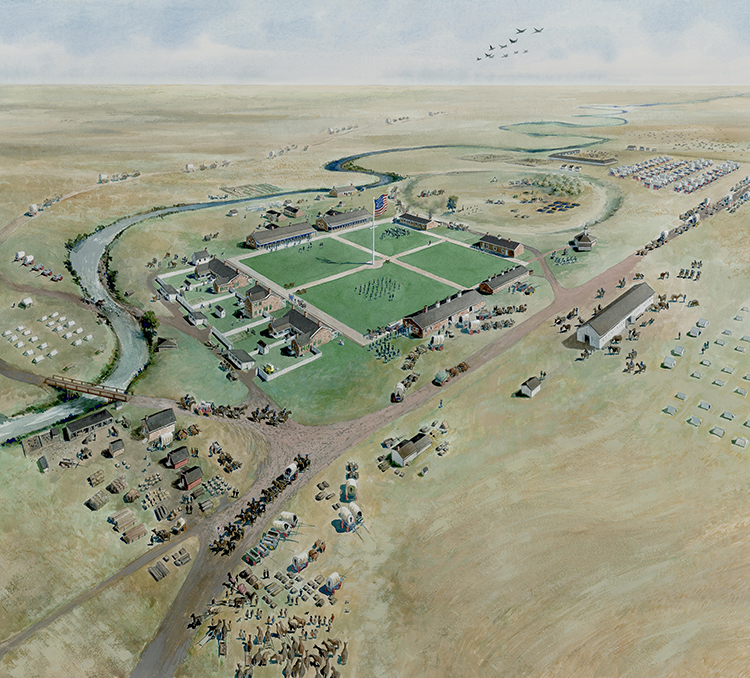 Bird's Eye View of Fort Larned A bird's eye view of Fort Larned on a busy spring day. Many wagons and groups of soldiers and Indians are arriving and leaving.
