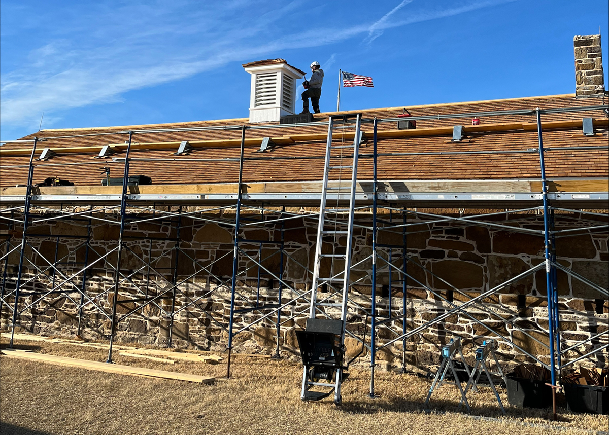Quarter Master Roof Fort Larned NHS Scaffolding on the back side of the Quartermaster warehouse.