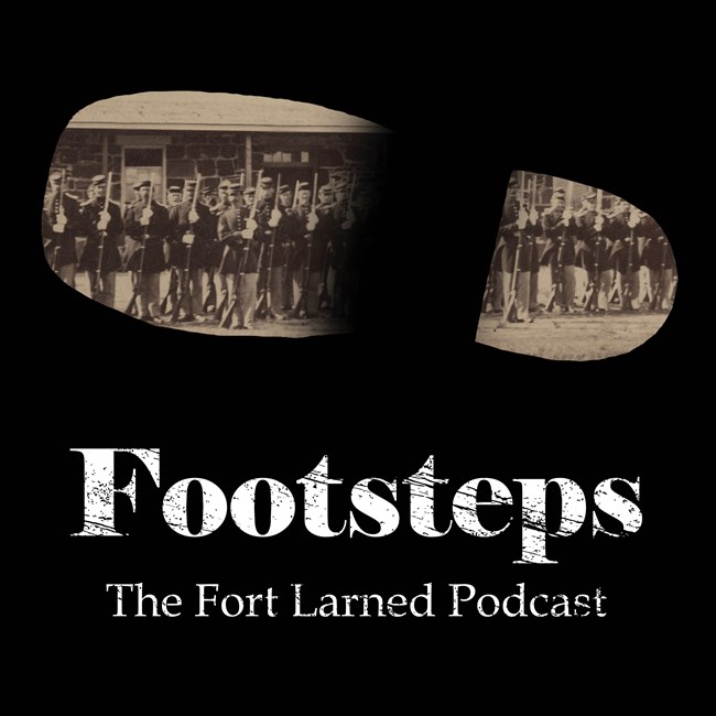 Graphic of a shoeprint and within the shoeprint is a photo of a group of soldiers.