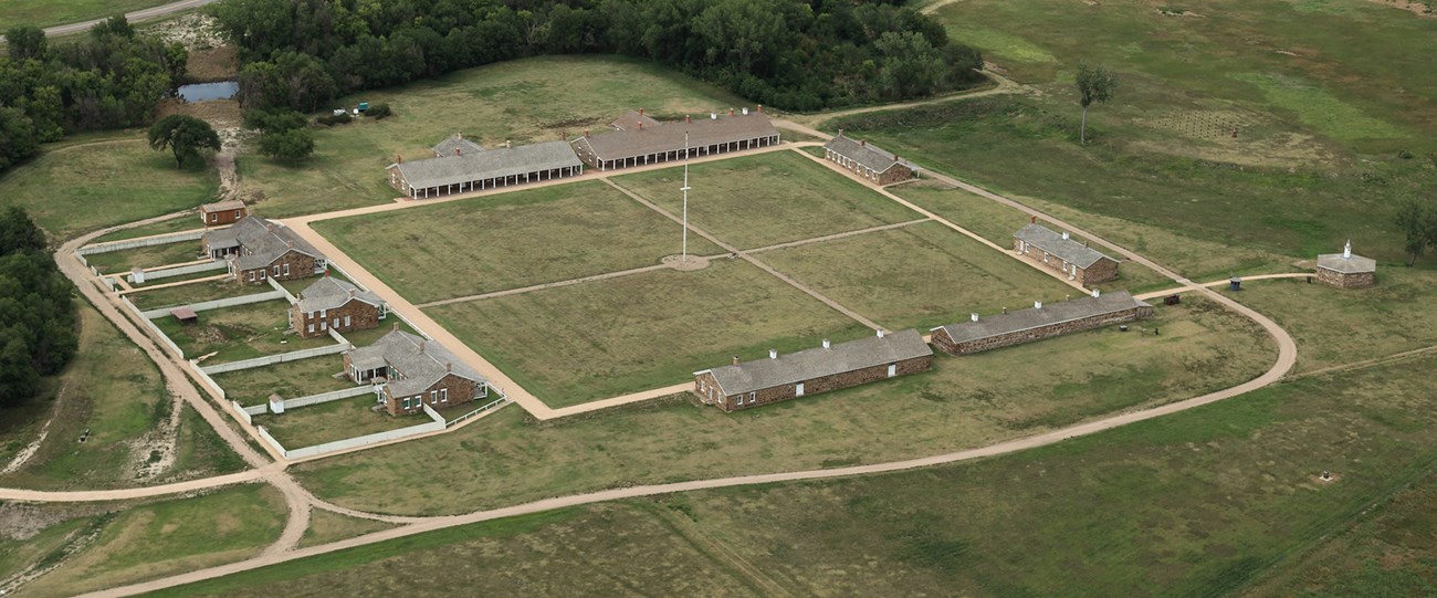 Aerial view of fort's sandstone buildings