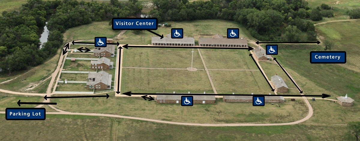 Aerial view of the fort with signage for wheel chair access for each building.