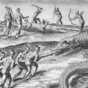 Timucuan Indians hunt alligators. Timucuan Indians hunt alligators.