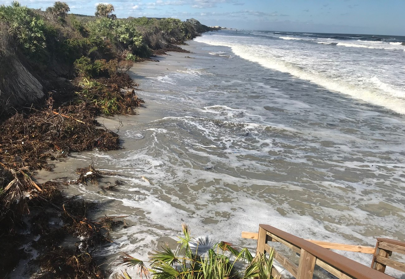 Dune erosion caused by rising sea level and high tides.