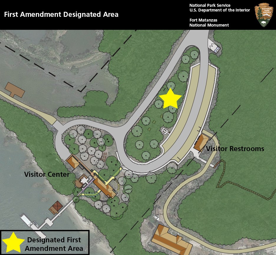 map of fort matanzas visitor center and parking area a star denoting designated first amendment area is placed in the picnic area located in the middle of the road loop