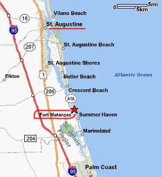 Map of St. Augustine, Florida showing Fort Matanzas National Monument