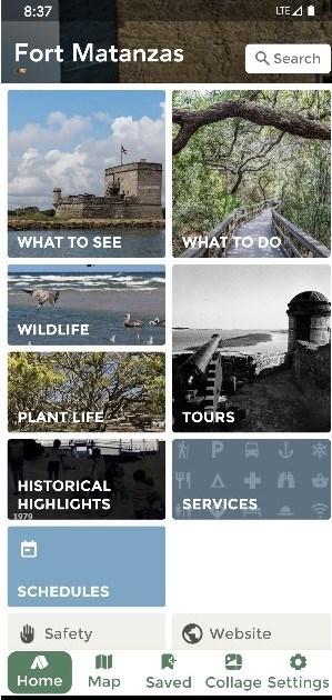 Screen shot of Fort Matanzas Park App home page.