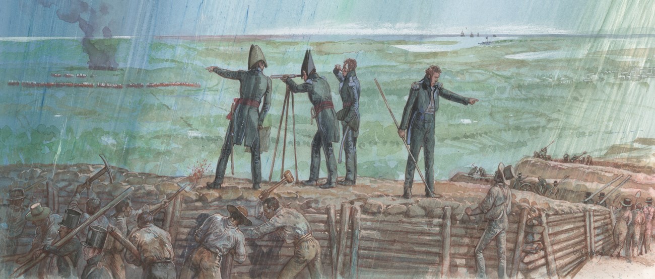 A painting showing workers and soldiers digging entrenchments in the rain with officers on top of the earthworks looking at British forces in the distance.