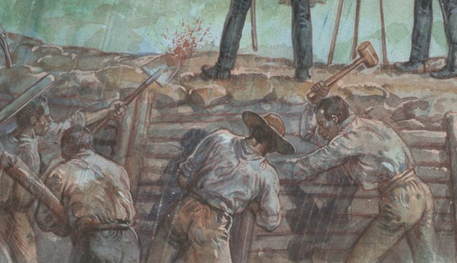 A painting showing African Americans digging entrenchments in the rain.
