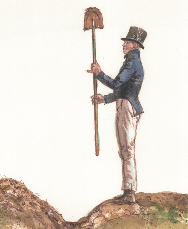 A painting showing a white man with a shovel in War of 1812 uniform.