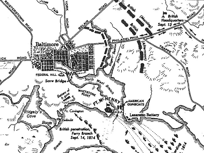 A black and white map of the fortifications on the north and east of Baltimore.