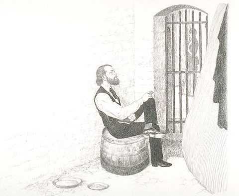 A sketch depicting a man in a cell with a Civil War soldier outside of the cell.