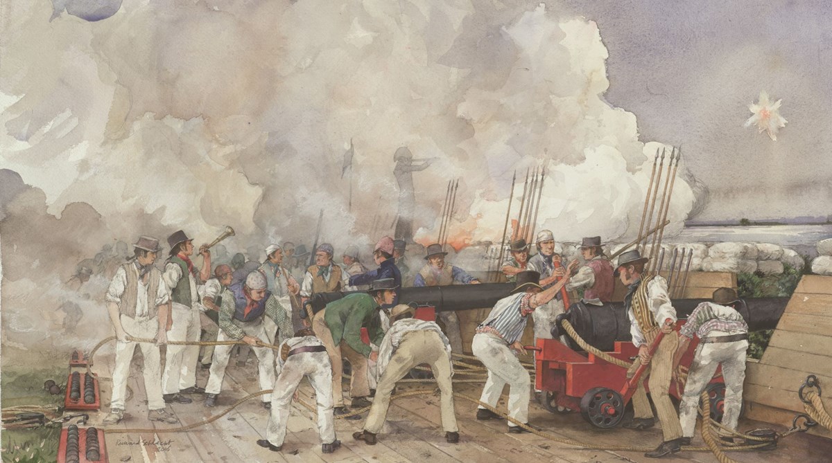 An illustration of a group of men arming and firing cannons.