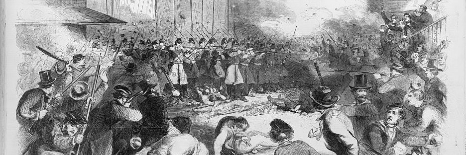 A sketch depicting American soldiers firing into a crowd that is throwing rocks during the Pratt Street Riots of 1861.