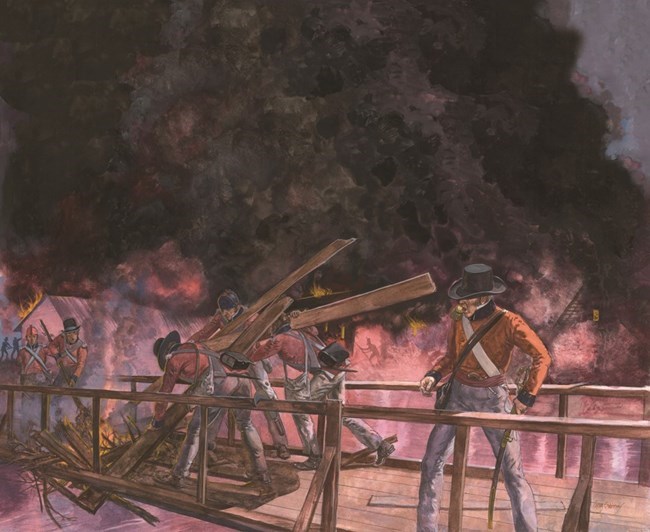 A painting depicting British soldiers destroy a furnace by breaking up wooden planks and setting it on fire.