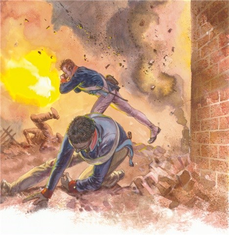 A painting depicting an explosion with sever U.S. soldiers falling to the ground.