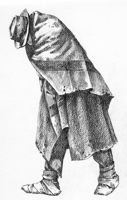 A sketch of a Confederate POW slouched wrapped in a blanket.