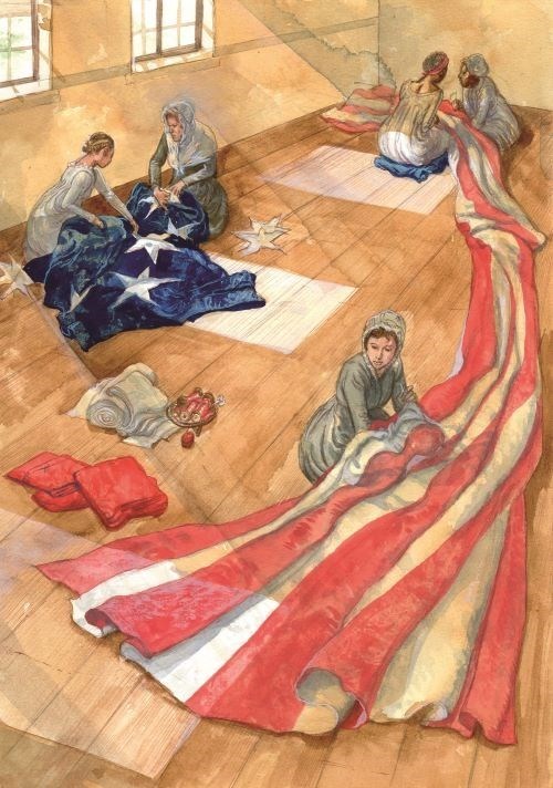An artists depiction of the sewing of the Star-Spangled Banner.