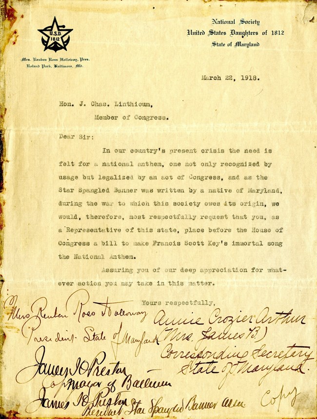 A typed letter with signatures at the bottom requesting that the Star Spangled Banner becomes the National Anthem.