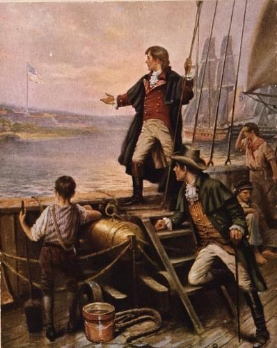 A painting depicting Francis Scott Key atop a cannon on a boat in the river with is arm gesturing towards the flag over Fort McHenry.
