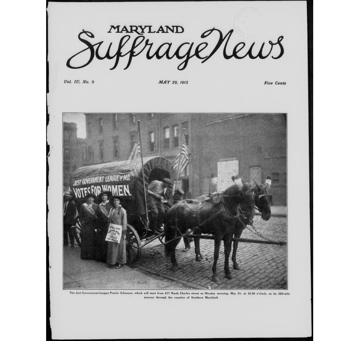 The cover of Maryland Suffrage News featuring women in front of a horse drawn wagon that says "votes for women"