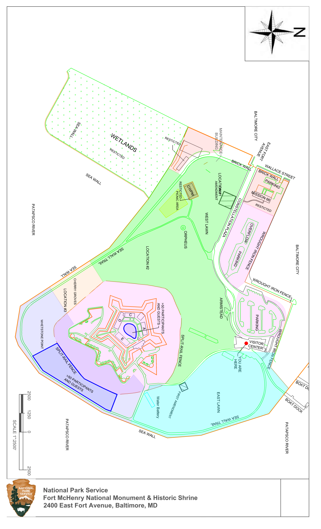 A map of Fort McHenry showing various zones where various activities can and cannot take place.
