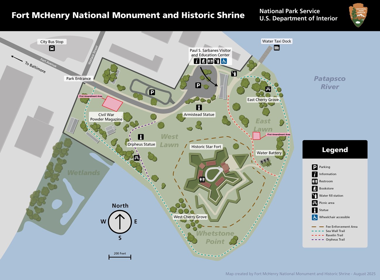 A map of Fort Mchenry showing the First Amendment areas on the east and west lawns.