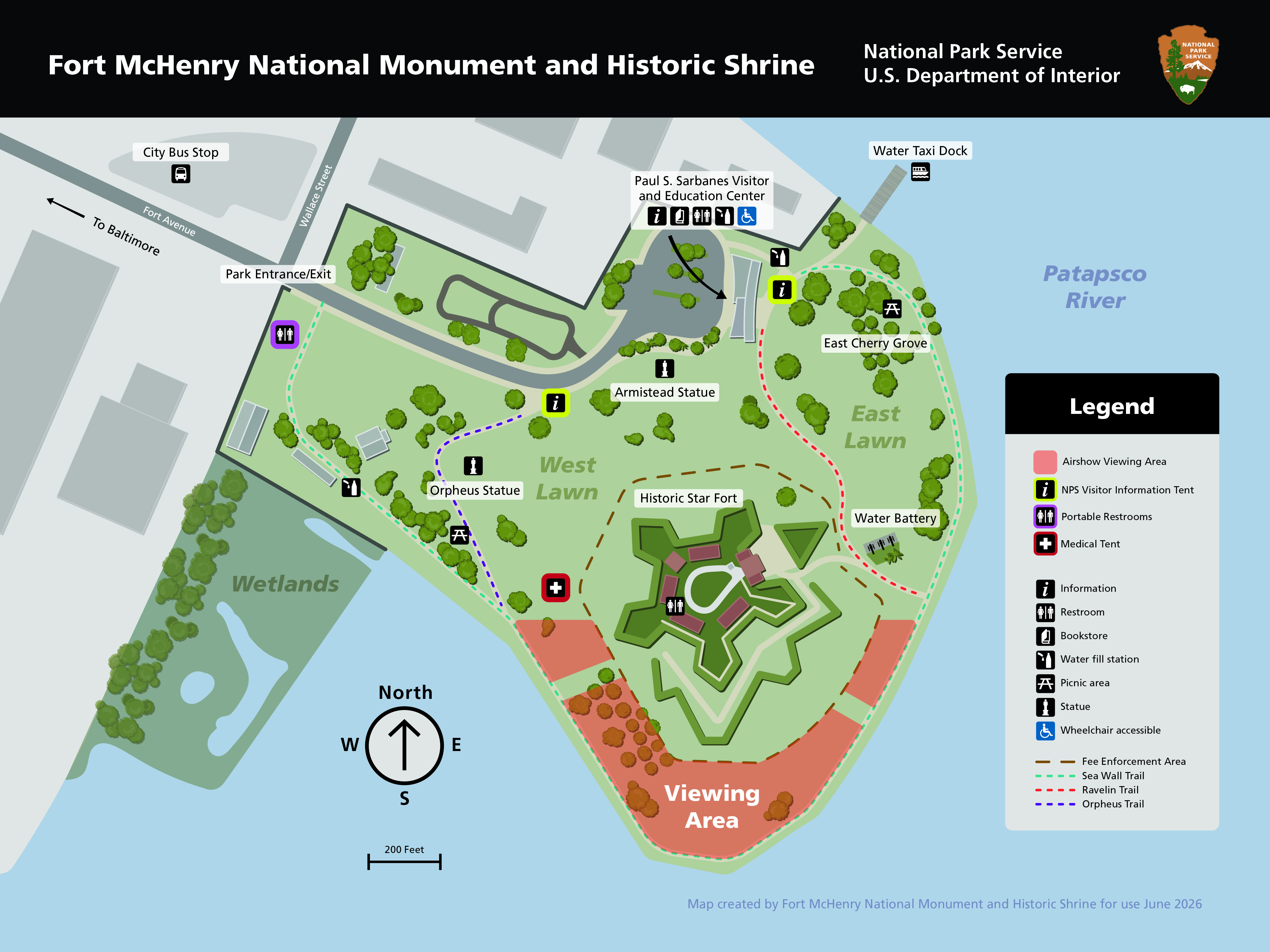 A detailed illustrated map of Fort McHenry NMHS. The Historic Star Fort is centered near the bottom right, surrounded by a red-shaded “Viewing Area” along the waterfront.