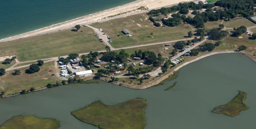 RV Park Aerial view of RV park and campground with water on both sides