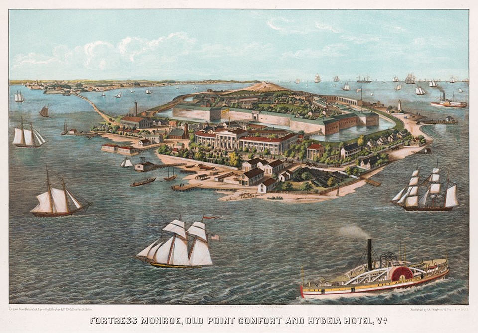 A color illustration of Fort Monroe shows the fort surrounded by water and a number of sailing and steam ships
