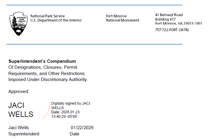 Header of signed Superintendent's Compendium with executed by Superintendent Jaci Wells.