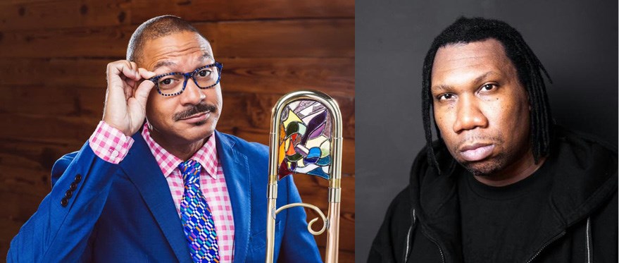 Portraits of Delfeayo Marsalis on the left wearing a blue jacket holding trombone and KRS-One on the right wearing black shirt and hooded jacket