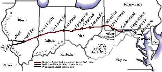 Map of the historic National Road Map of the historic National Road showing the route from Cumberland, in western Maryland, to Vandalia, in southern Illinois
