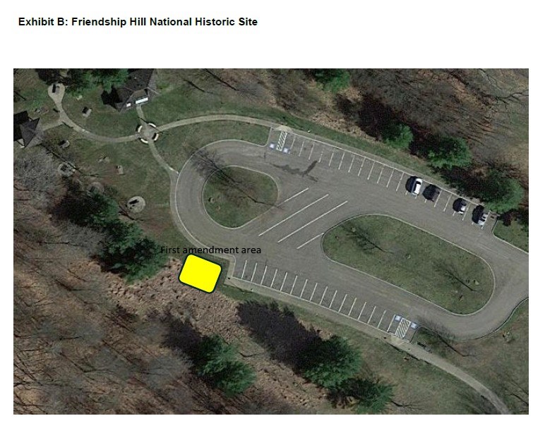 Image of Friendship Hill NHS public parking lot with First Amendment protest area highlighted in a yellow rectangle