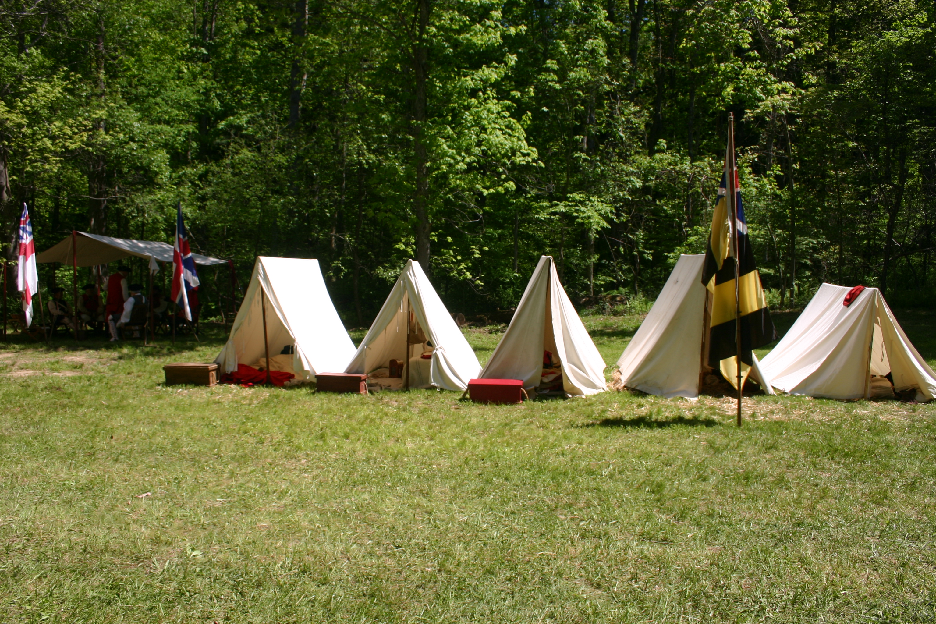 5 canvas tents in a row in a field