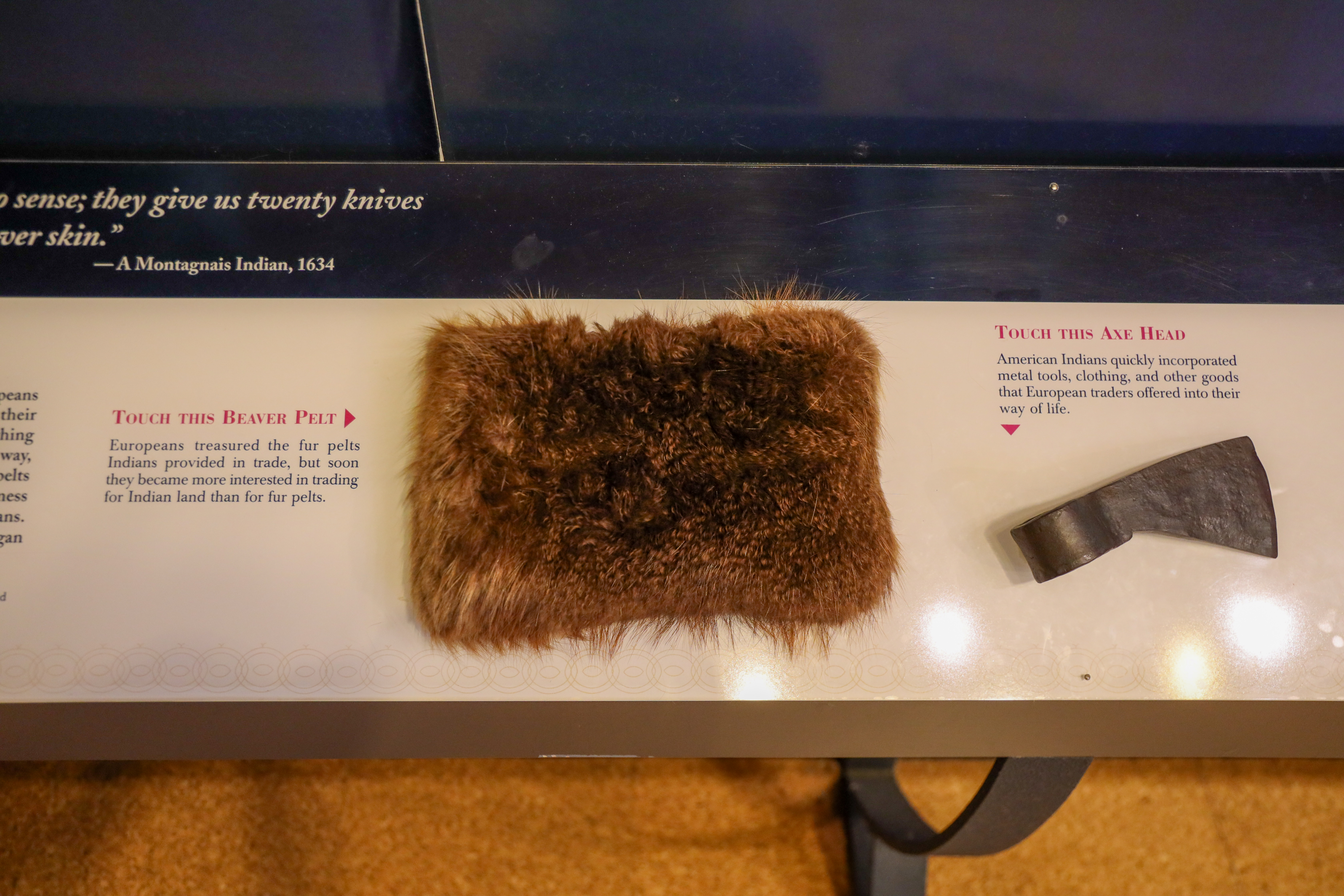 Beaver pelt and native american axe head tactiles
