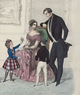 Shankland's American Fashions 1849 detail Drawing of a man standing in a suit and a lady seated in a dress and two children.