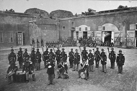 48th NY Vol. Infantry band in front of northwest bastion and stairwell, ca. 1862.