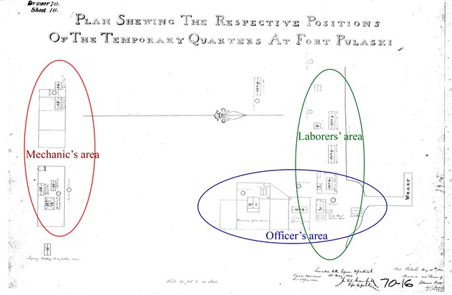 Black and white historic map with added colored circles to show how the laborers' and officers' living areas overlapped but the mechanics lived in a separate section.