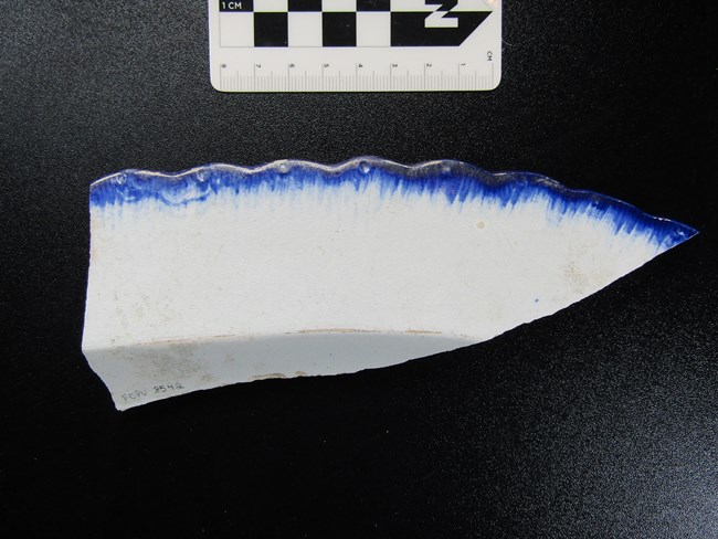 Large piece of a white and blue serving platter.